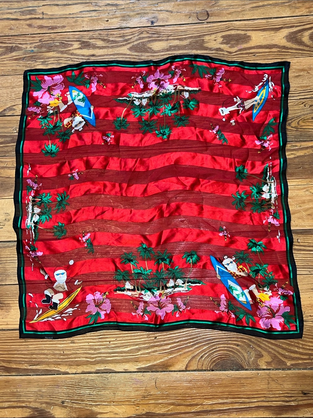 Vintage Floral Square Scarf with Santa Surfing Christmas Silk Elaine Gold.